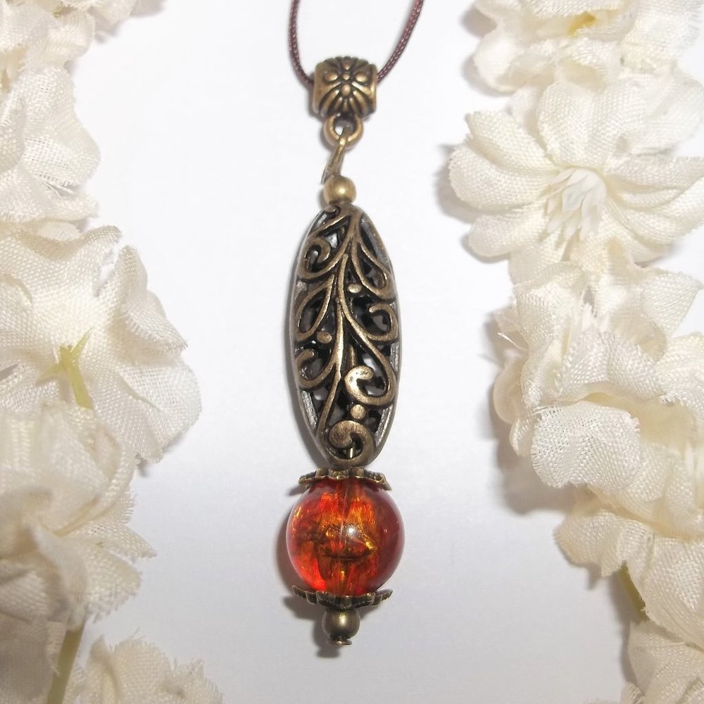 Faux Amber Orange Bronze Boho Necklace Rustic Beaded Jewelry Gift Idea Her 6536